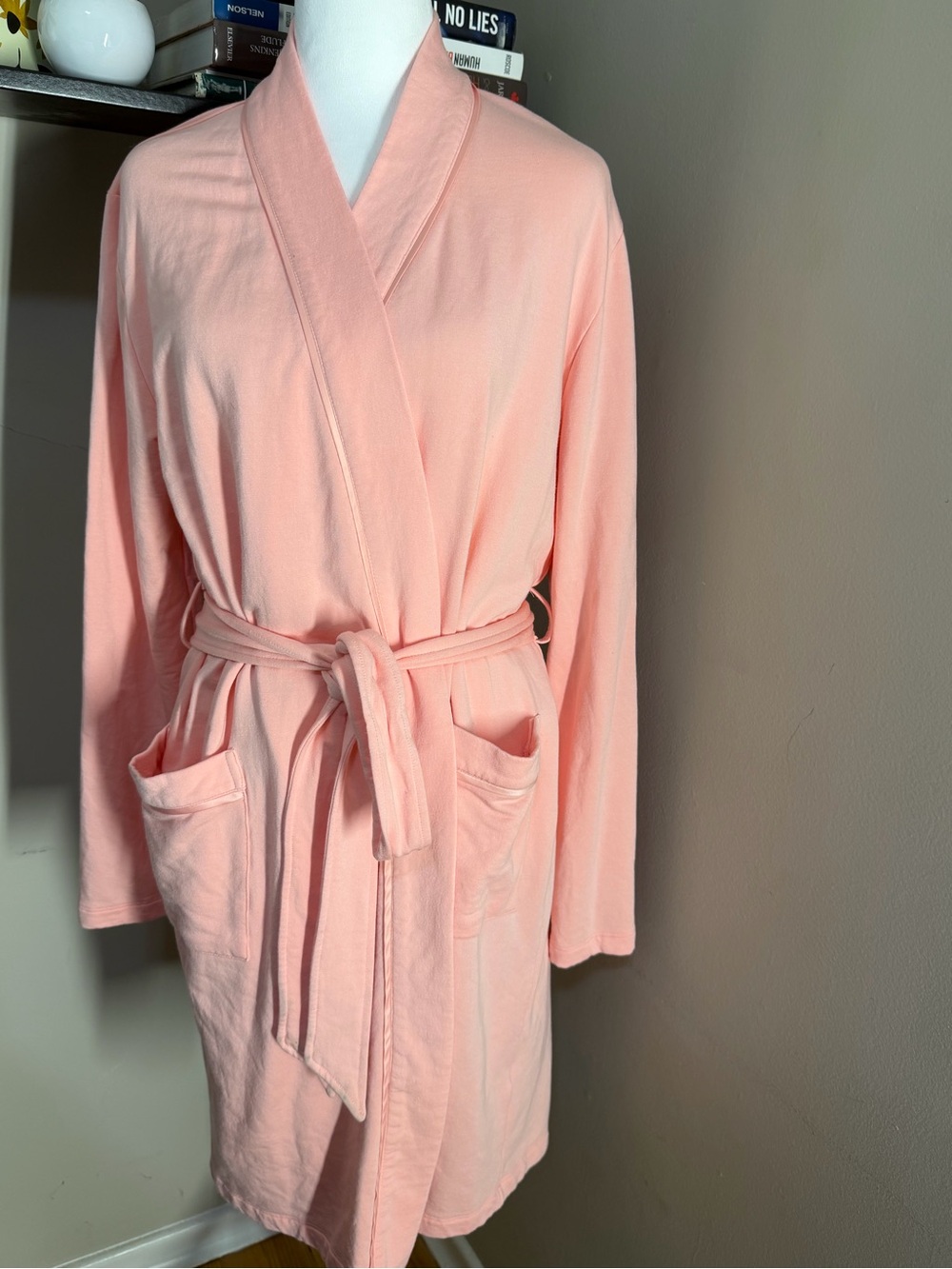 Tahari Coral-Peach Long Sleeve Wrap Robe with Self Tie